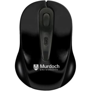 A wireless mouse in black, featuring a logo. The design is sleek with an ergonomic shape.