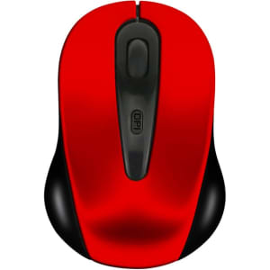 A red wireless mouse with black accents and a central scroll button, featuring a logo on the surface.