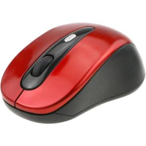 A red and black wireless mouse with a sleek design and a logo on the top.
