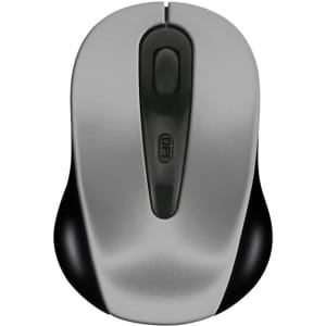 A grey and black wireless mouse with a sleek design and an embedded logo.