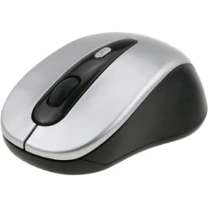 A wireless mouse featuring a silver top and black base, with a scroll wheel and buttons, including a logo.