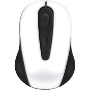 A wireless mouse featuring a sleek white and black design, with a simple button layout and an embedded logo.
