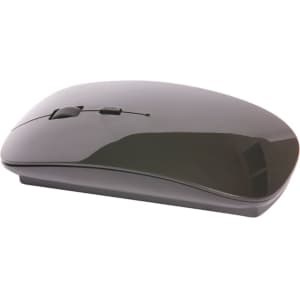 A sleek black wireless mouse with a smooth surface and scroll wheel, featuring a subtle logo.