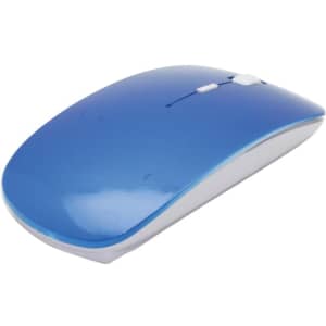 A blue wireless mouse with a sleek design and a white underside, featuring a logo on its surface.