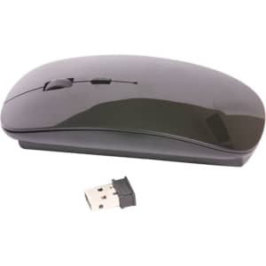 A black wireless mouse with a USB receiver beside it, featuring a smooth, contoured design.