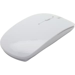A white wireless mouse with a sleek design, featuring a logo on its surface.