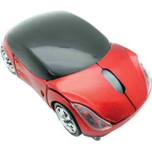 A red and black wireless mouse designed in the shape of a sports car, featuring chrome wheels and a sleek finish.