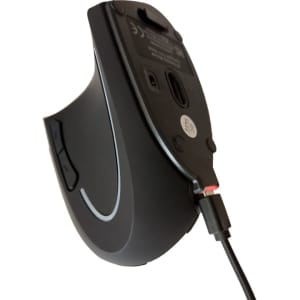 An ergonomic wireless mouse in black with a smooth surface and a side profile showcasing its design.