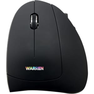 A black ergonomic wireless mouse with a scroll wheel and a logo displayed on the side.