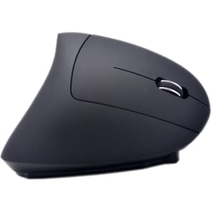 An ergonomic wireless mouse in sleek black design, featuring a curved shape for comfortable grip.