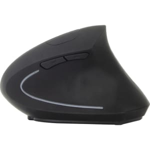 A black ergonomic wireless mouse with a sleek design and buttons on the side. It features a subtle branding logo.