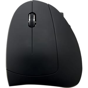 An ergonomic wireless mouse in black, featuring a scrolling wheel and a smooth curved design.