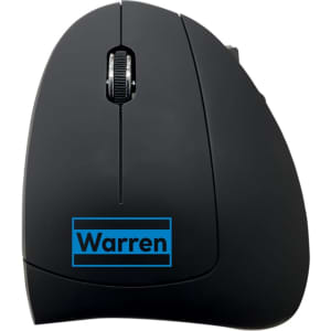 An ergonomic black wireless mouse with a scroll wheel and a logo on the side.