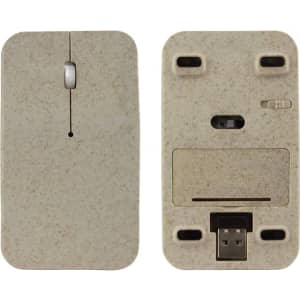 A wireless mouse with a light brown, textured surface featuring a USB receiver compartment and simple design elements.