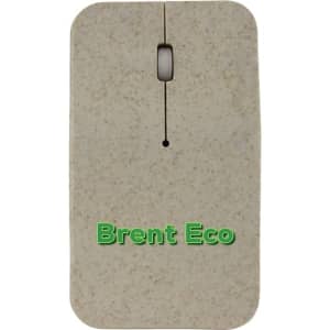 A wireless mouse in a light beige colour with a textured finish and a logo on the front.