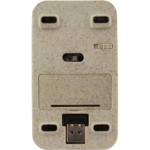 A beige eco-friendly wireless mouse with a textured finish, featuring a USB connector and multiple buttons.