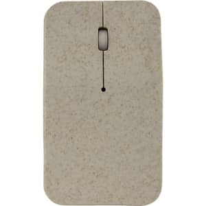 A beige wireless mouse with a smooth surface and a single click button, featuring a logo.