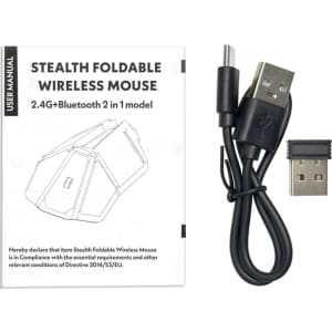 A foldable wireless mouse in black, accompanied by a USB cable and user manual featuring a diagram.