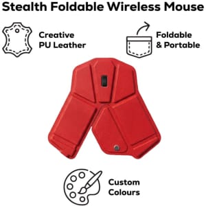 A red foldable wireless mouse made from PU leather, featuring a logo and a design that promotes portability.
