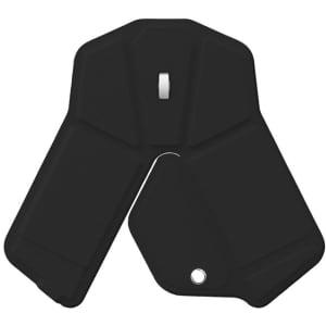 A foldable wireless mouse in black, featuring a compact design and a circular hole for easy attachment.