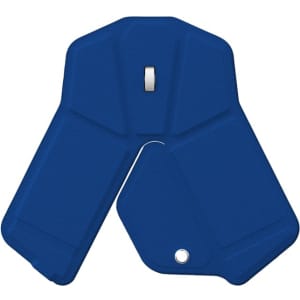 A blue foldable wireless mouse with a sleek design and a branding logo on its surface.