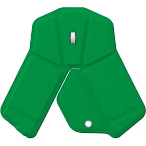 A green foldable wireless mouse in a compact design, featuring a slim profile and a small hole for attachment.