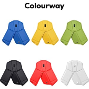 A collection of foldable wireless mice in blue, yellow, green, black, red, and white, featuring a logo on each.