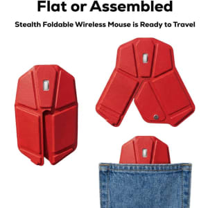A red foldable wireless mouse displayed in flat and assembled positions, with a pocket showing its portable size and design.