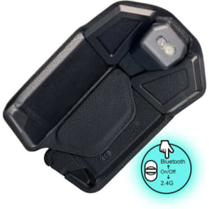 A black foldable wireless mouse with a sleek design and Bluetooth capability, featuring an illuminated section.