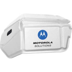 A white compact device with a logo, featuring a sleek design suitable for tech applications.