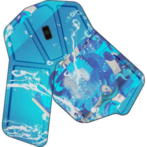A foldable wireless mouse in various shades of blue featuring a vibrant, abstract design with splashes of white.