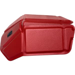 A red foldable wireless mouse with a textured surface and an integrated logo. The design is compact and sleek.