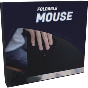 A foldable wireless mouse in black, with a hand demonstrating its compact design. The packaging features a logo.