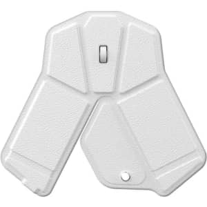 A foldable wireless mouse in white with a sleek, compact design and a small button at the centre.