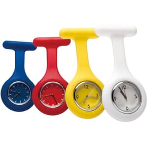 A set of four colourful nurses watches in blue, red, yellow, and white, each with a round face and a hanging design.