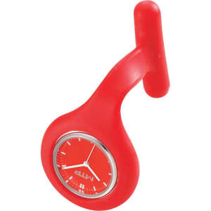 A red silicone nurses watch with a round face and a hook for attachment. Features a simple dial design.