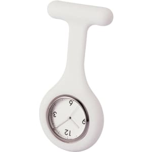 A white nurses watch with a unique handle design and a round clock face displaying black numbers.