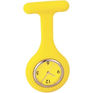 A yellow silicone nurse's watch with a round face and a simple design, featuring a logo on the side.