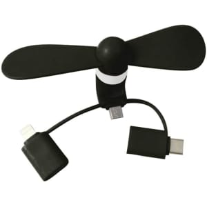 A black phone fan with two connectors for USB and Lightning ports, featuring a simple design.