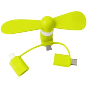 A bright yellow phone fan with two connectors and a flexible cable, designed for easy attachment to devices.