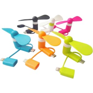 A collection of colourful phone fans in blue, black, white, orange, pink, and green, featuring a USB connector.