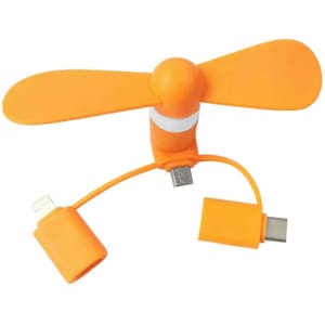 An orange portable phone fan with a flexible arm and connectors for different devices. It has a logo on the body.