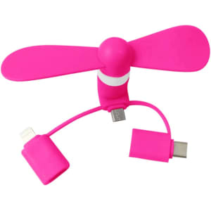 A pink phone fan with two different charging connectors attached, featuring a compact design suitable for mobile devices.