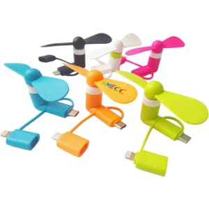 A collection of six phone fans in blue, black, white, pink, orange, and green, each with a connector and brand logo.