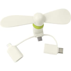 A compact white phone fan with green accents and multiple connectors for different devices.