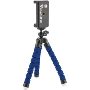 A blue Flex Tripod with adjustable legs and a phone holder, featuring a branding logo on the mount.