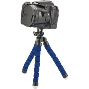 A flexible blue tripod with grey rubber feet, supporting a black camera on top. It features a branding logo.
