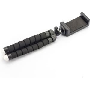 A flexible tripod with black rubber grips and a smartphone holder, featuring a sturdy design. It has a compact form.