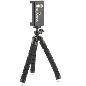 A flexible black tripod with a mounted phone holder, featuring rubber legs and a compact design for stability.