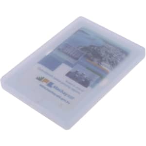 A clear magnetic box designed for credit cards, featuring various images and a logo.